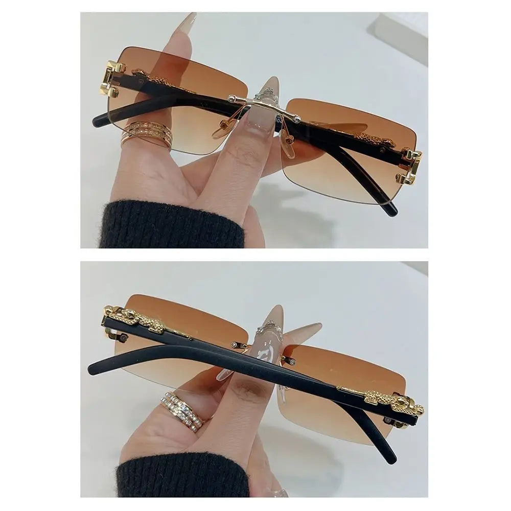 Summer Leopard Decor Rectangular Sunglasses Cut-Edge UV400 Protection Rimless Shades Metal Frame Sun Glasses for Women & Men
