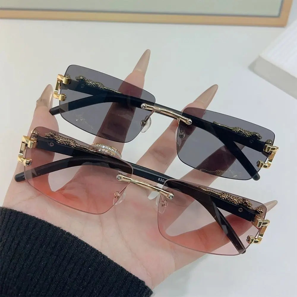 Summer Leopard Decor Rectangular Sunglasses Cut-Edge UV400 Protection Rimless Shades Metal Frame Sun Glasses for Women & Men