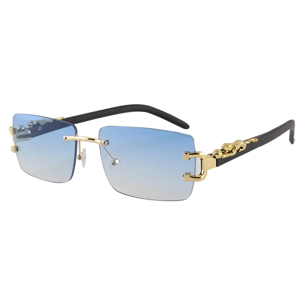 Summer Leopard Decor Rectangular Sunglasses Cut-Edge UV400 Protection Rimless Shades Metal Frame Sun Glasses for Women & Men