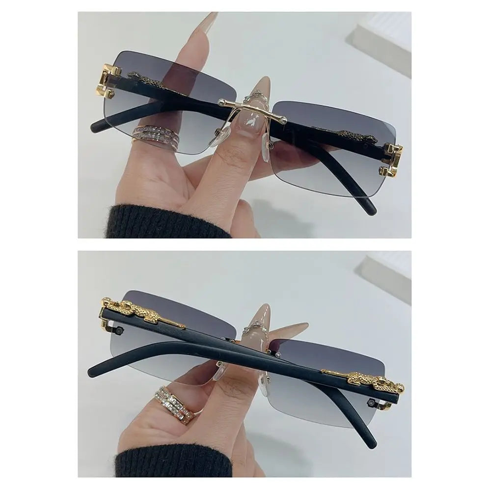 Summer Leopard Decor Rectangular Sunglasses Cut-Edge UV400 Protection Rimless Shades Metal Frame Sun Glasses for Women & Men