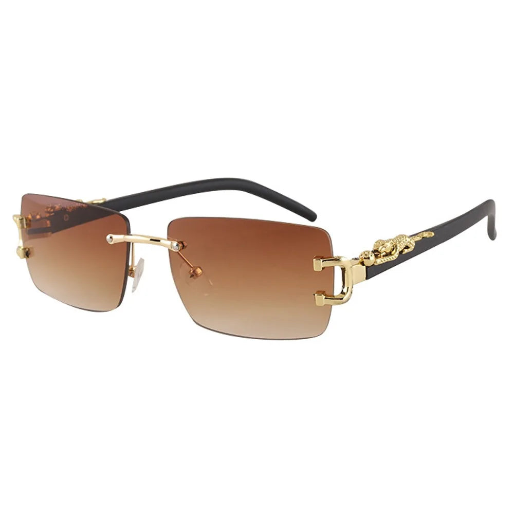 Summer Leopard Decor Rectangular Sunglasses Cut-Edge UV400 Protection Rimless Shades Metal Frame Sun Glasses for Women & Men