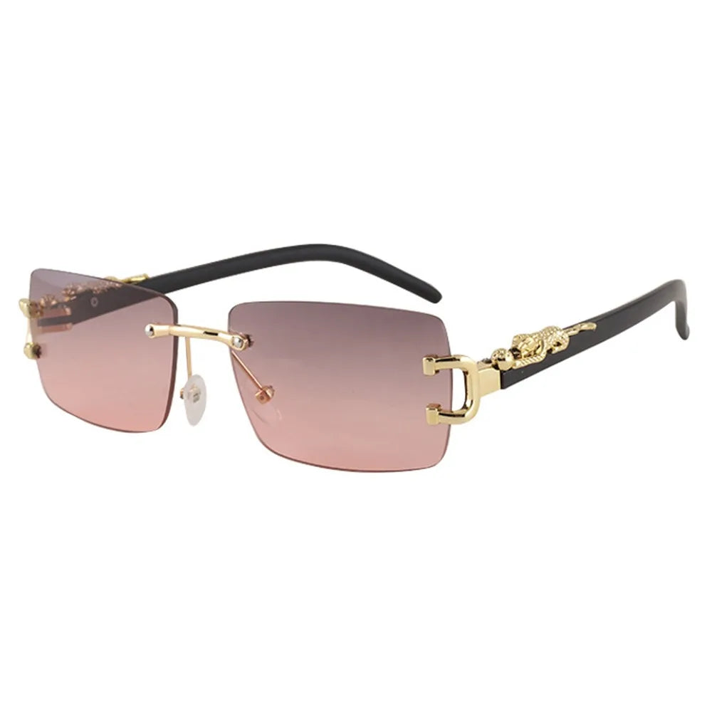 Summer Leopard Decor Rectangular Sunglasses Cut-Edge UV400 Protection Rimless Shades Metal Frame Sun Glasses for Women & Men