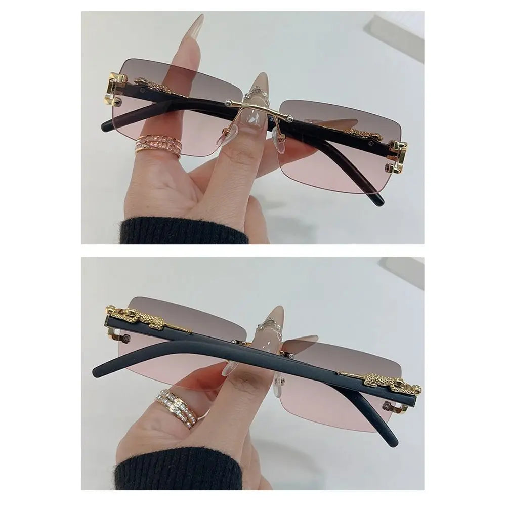 Summer Leopard Decor Rectangular Sunglasses Cut-Edge UV400 Protection Rimless Shades Metal Frame Sun Glasses for Women & Men