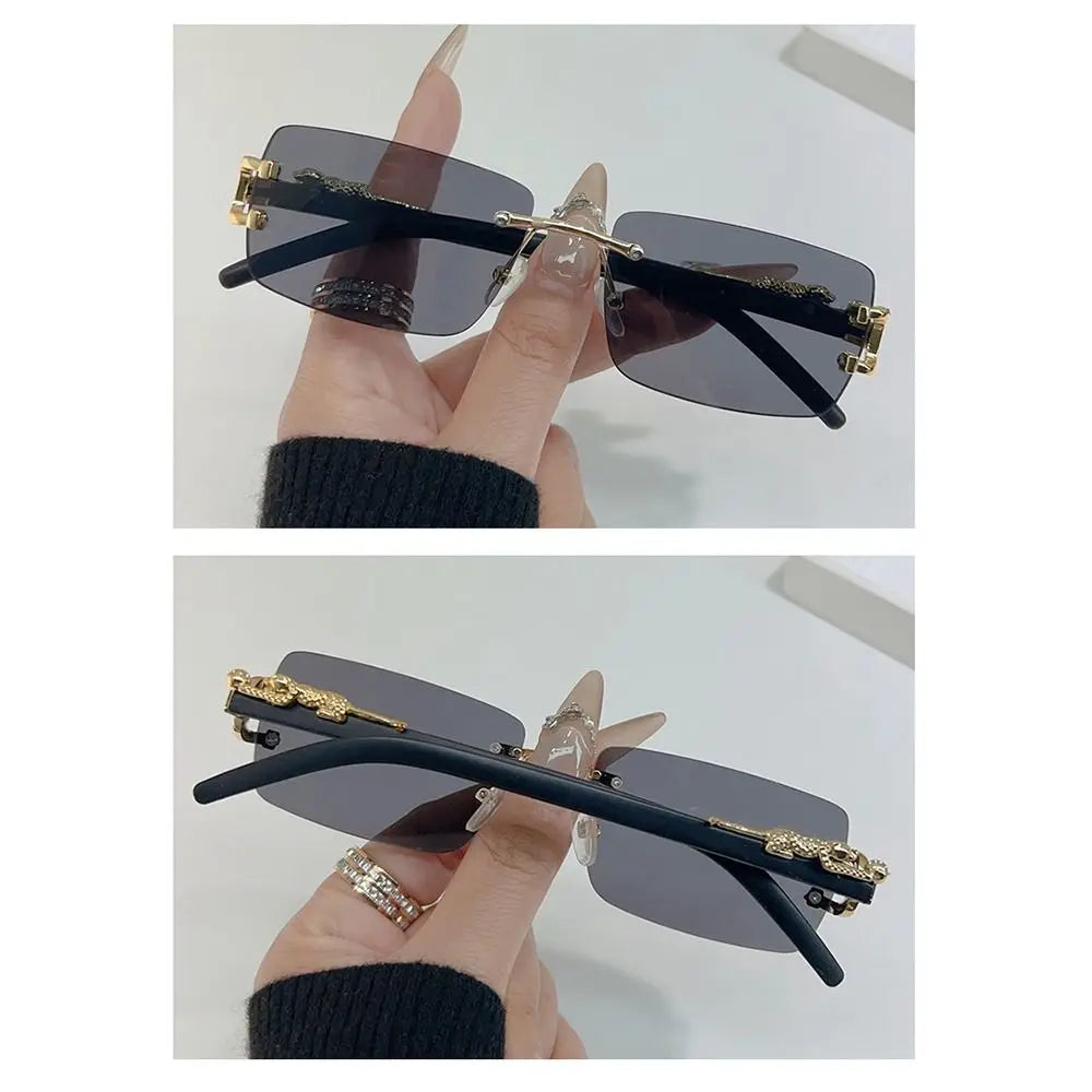 Summer Leopard Decor Rectangular Sunglasses Cut-Edge UV400 Protection Rimless Shades Metal Frame Sun Glasses for Women & Men