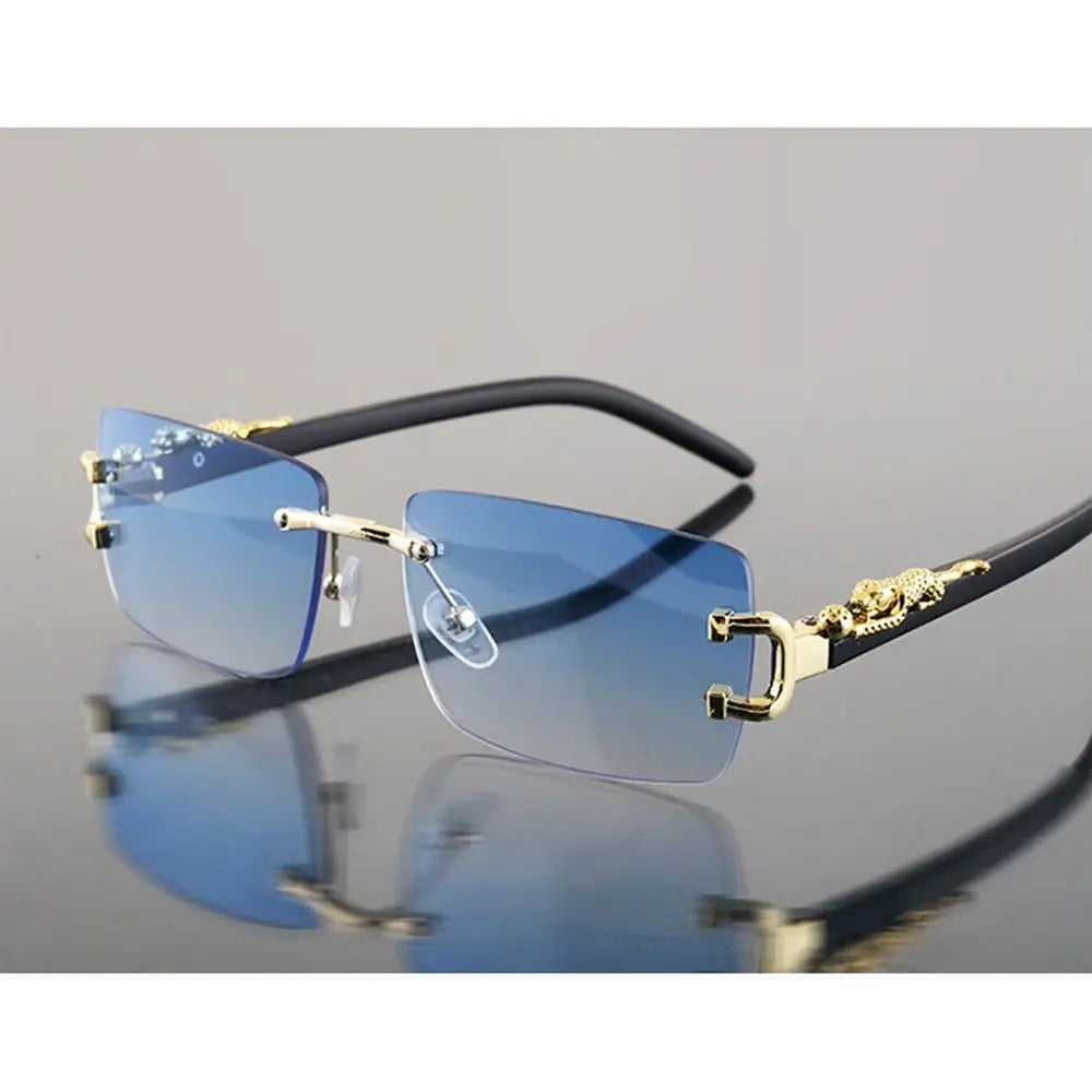Summer Leopard Decor Rectangular Sunglasses Cut-Edge UV400 Protection Rimless Shades Metal Frame Sun Glasses for Women & Men
