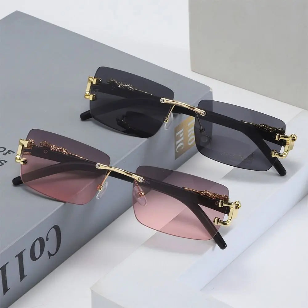 Summer Leopard Decor Rectangular Sunglasses Cut-Edge UV400 Protection Rimless Shades Metal Frame Sun Glasses for Women & Men