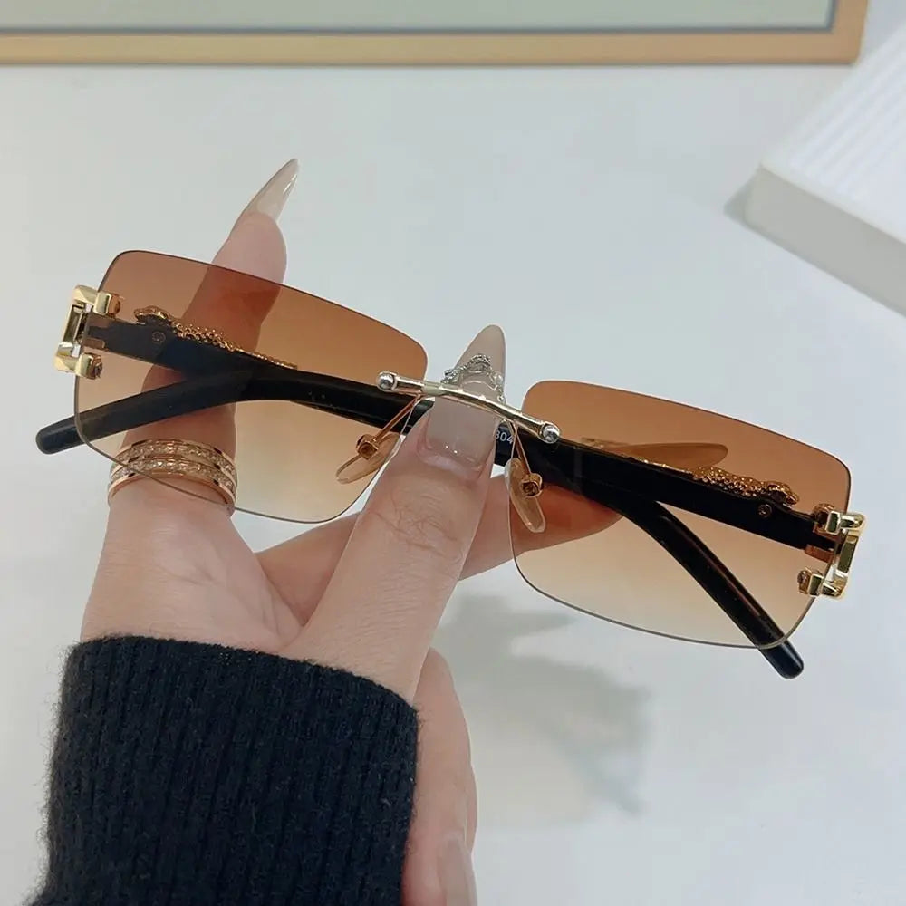 Summer Leopard Decor Rectangular Sunglasses Cut-Edge UV400 Protection Rimless Shades Metal Frame Sun Glasses for Women & Men