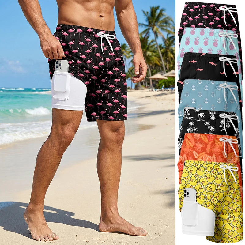 3D Print 2 in 1 Mens Swim Trunks Summer Quick Dry Beach Shorts with Phone Pocket Swimwear Swimsuit Bathing Suit  Board Shorts