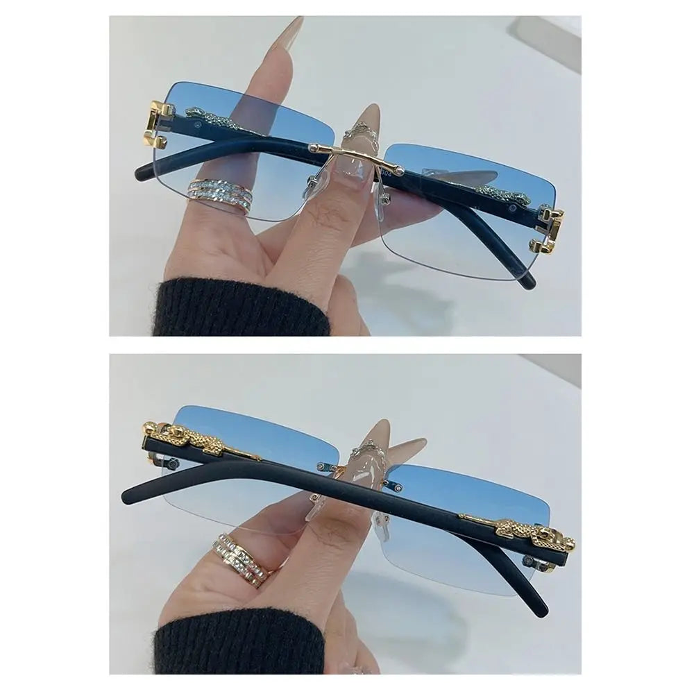 Summer Leopard Decor Rectangular Sunglasses Cut-Edge UV400 Protection Rimless Shades Metal Frame Sun Glasses for Women & Men