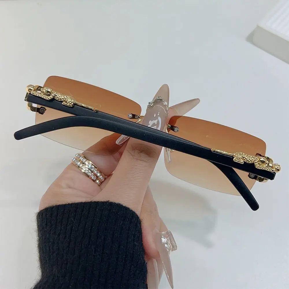 Summer Leopard Decor Rectangular Sunglasses Cut-Edge UV400 Protection Rimless Shades Metal Frame Sun Glasses for Women & Men