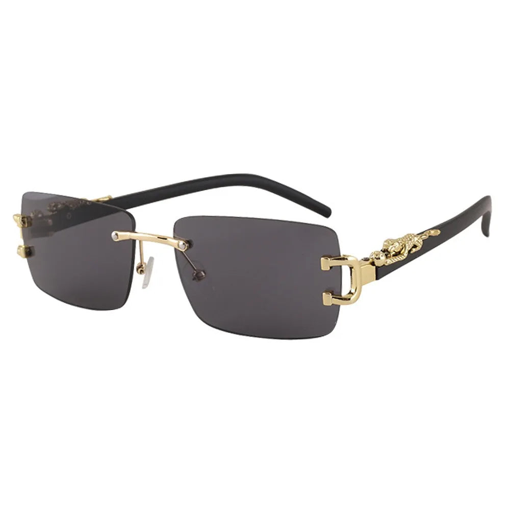 Summer Leopard Decor Rectangular Sunglasses Cut-Edge UV400 Protection Rimless Shades Metal Frame Sun Glasses for Women & Men