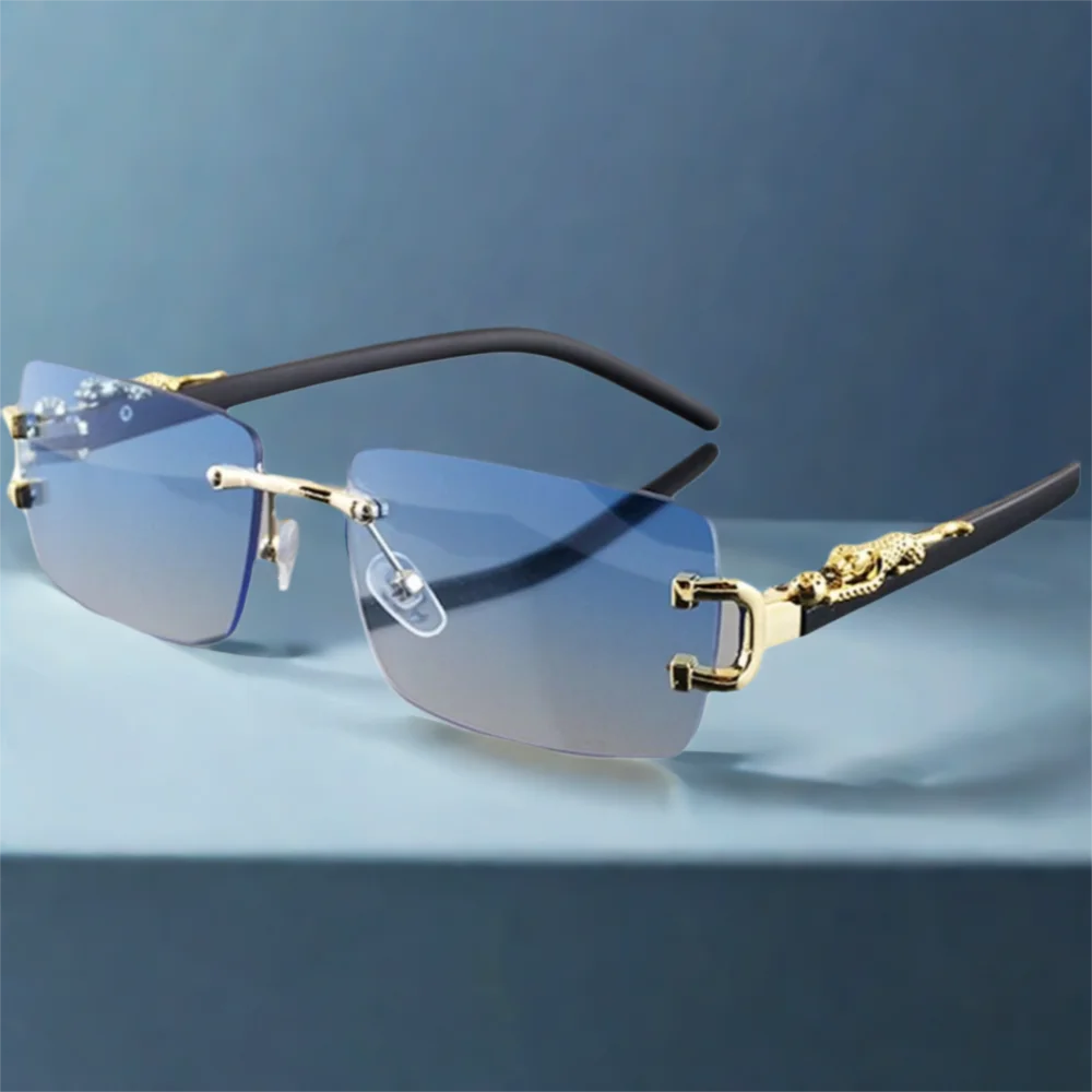 Summer Leopard Decor Rectangular Sunglasses Cut-Edge UV400 Protection Rimless Shades Metal Frame Sun Glasses for Women & Men